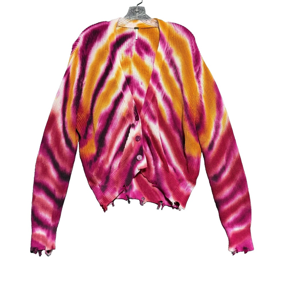 YFB Cardigan Sweater Women L Tie Dye Distressed Boho Festival Hippie Psychedelic